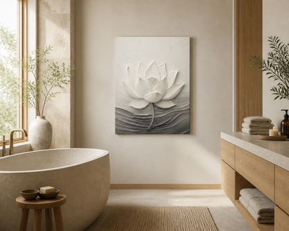 White textured floral canvas wall art - Zen Lotus room scene